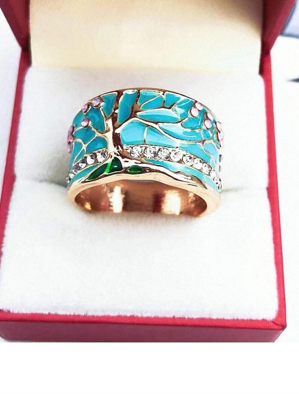 Turquoise Enamel Floral Wide Band Ring with Crystal Accents